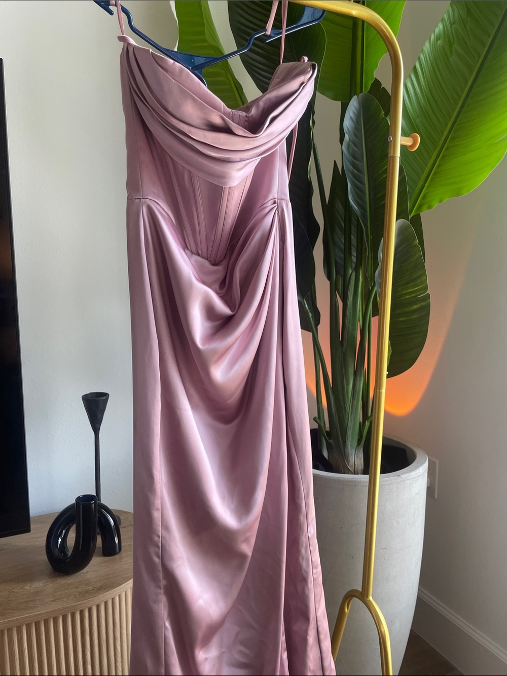 Satin Strapless Prom Gown in Dusty Rose